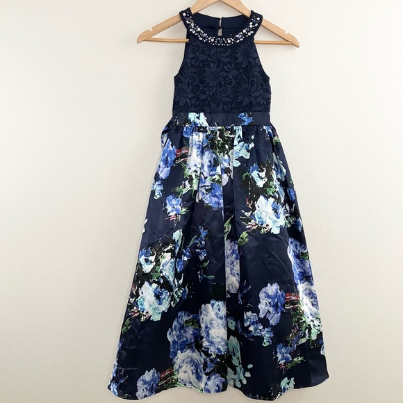 Speechless Navy and Blue Floral Kids Formal Dress - Picture 1 of 13